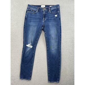 Frame Le Garcon Jeans Sz 28 Mid Rise Distressed Skinny Lingo Dark Blue 30x28